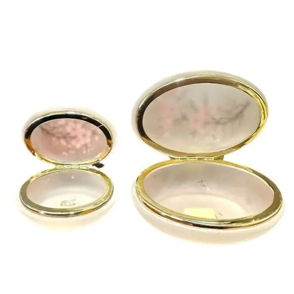 Cherry Blossom Trinket Box Set Satin‎ Glass Gold Tone Trim Hinged Top Vintage
